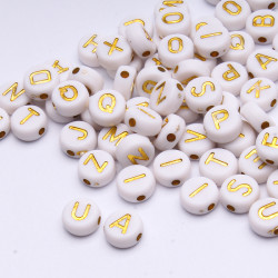 Koraliki do rękodzieła Literki białe i złote okrągłe  4х7 mm, dziura 1,5mm